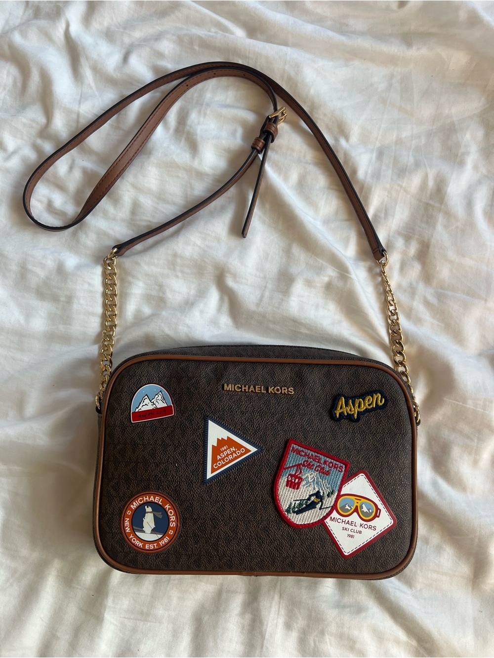 Michael Kors Brown Signature Canvas Aspen Ski Club Patch Crossbody Bag